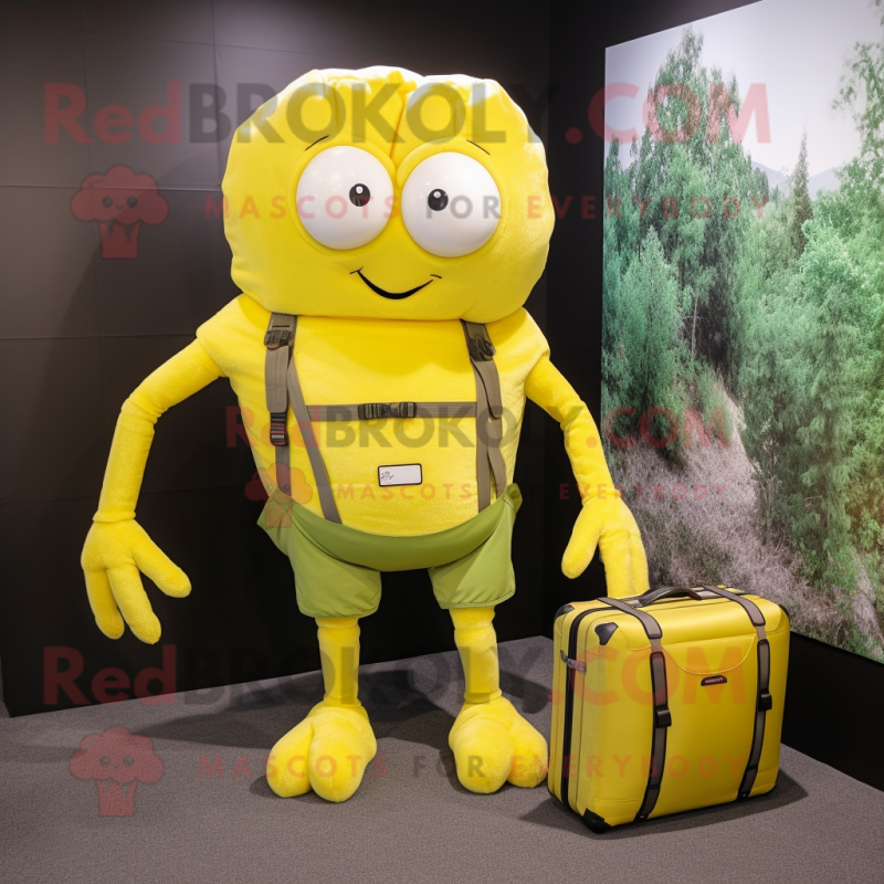 Lemon Yellow Spider mascot costume character dressed with a Cargo Shorts and Briefcases