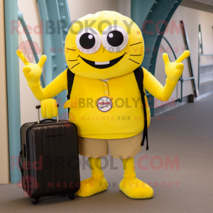 Lemon Yellow Spider mascot costume character dressed with a Cargo Shorts and Briefcases