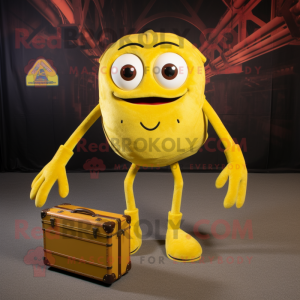 Lemon Yellow Spider mascot costume character dressed with a Cargo Shorts and Briefcases