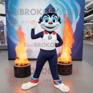 Navy Fire Eater mascot costume character dressed with a Yoga Pants and Foot pads