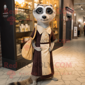 nan Meerkat mascot costume character dressed with a Empire Waist Dress and Tote bags