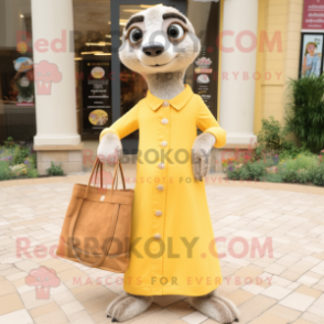 nan Meerkat mascot costume character dressed with a Empire Waist Dress and Tote bags