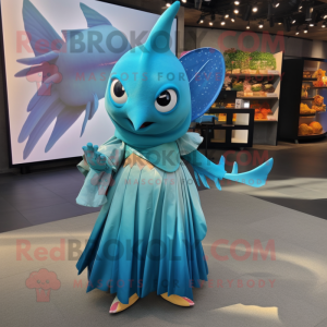 Cyan Swordfish mascot costume character dressed with a Maxi Skirt and Hair clips