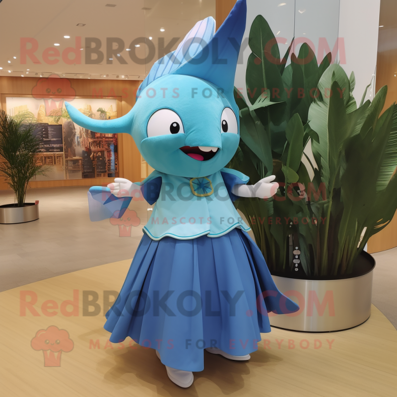 Cyan Swordfish mascot costume character dressed with a Maxi Skirt and Hair clips