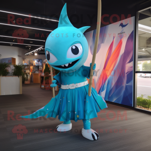 Cyan Swordfish mascot costume character dressed with a Maxi Skirt and Hair clips