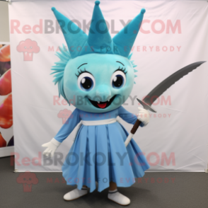 Cyan Swordfish mascot costume character dressed with a Maxi Skirt and Hair clips