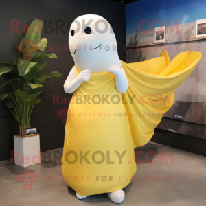 Yellow Beluga Whale mascot costume character dressed with a Wrap Skirt and Earrings