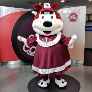 Maroon Beef Stroganoff mascot costume character dressed with a Circle Skirt and Wallets