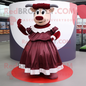 Maroon Beef Stroganoff mascot costume character dressed with a Circle Skirt and Wallets