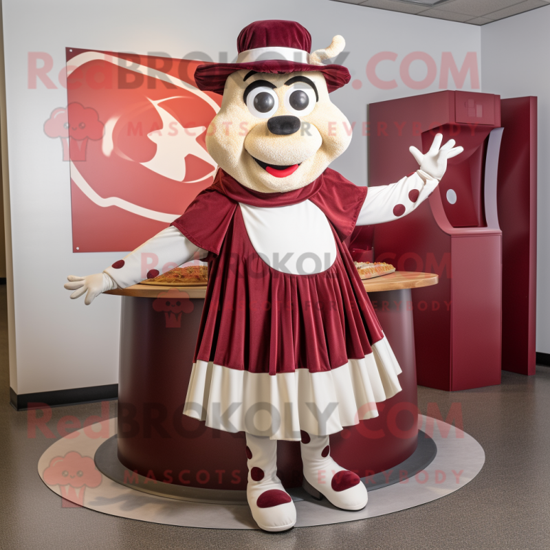 Maroon Beef Stroganoff mascot costume character dressed with a Circle Skirt and Wallets Maroon Beef Stroganoff mascot costume character dressed with a Circle Skirt and Wallets