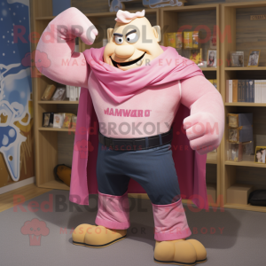 Pink Strongman mascot costume character dressed with a Jeans and Shawls