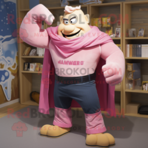 Pink Strongman mascot costume character dressed with a Jeans and Shawls