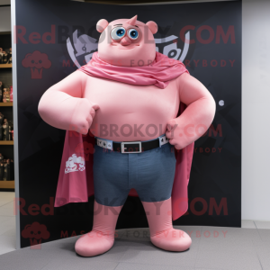 Pink Strongman mascot costume character dressed with a Jeans and Shawls