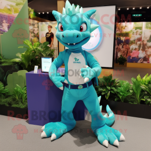 Turquoise Dragon mascot costume character dressed with a Bermuda Shorts and Smartwatches