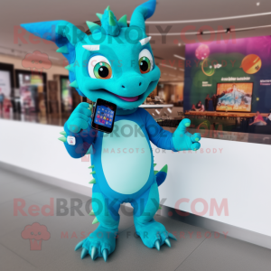 Turquoise Dragon mascot costume character dressed with a Bermuda Shorts and Smartwatches