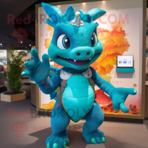 Turquoise Dragon mascot costume character dressed with a Bermuda Shorts and Smartwatches