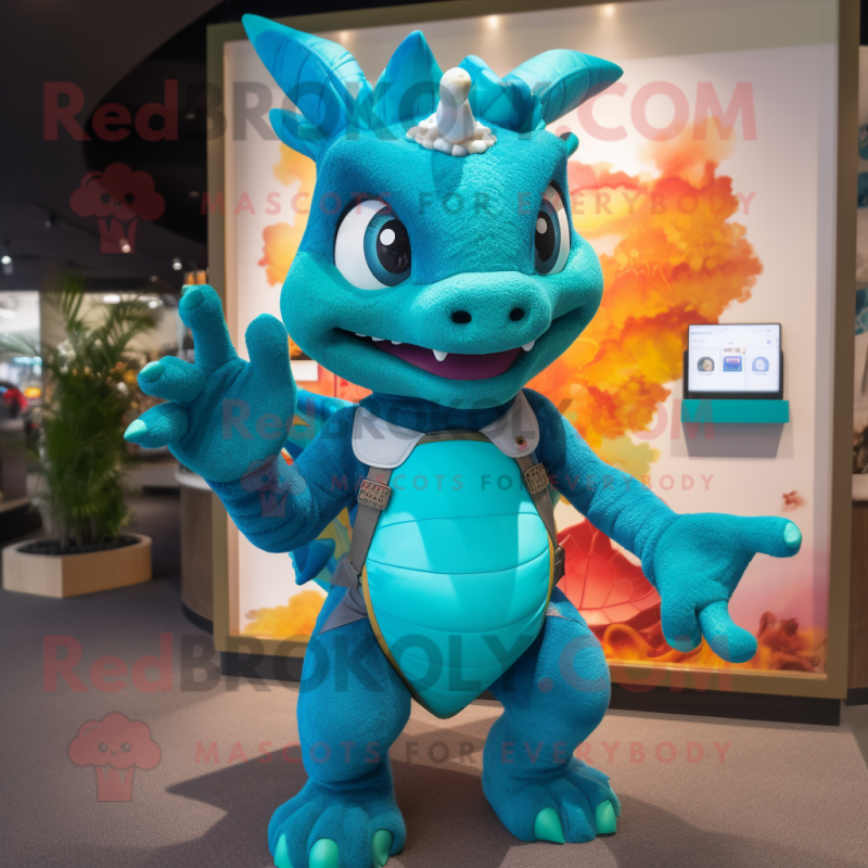 Turquoise Dragon mascot costume character dressed with a Bermuda Shorts and Smartwatches