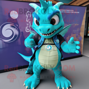 Turquoise Dragon mascot costume character dressed with a Bermuda Shorts and Smartwatches