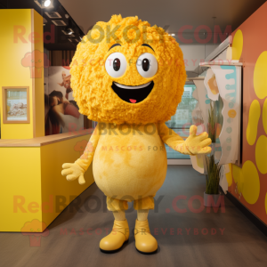 Yellow Meatballs mascot costume character dressed with a Playsuit and Earrings
