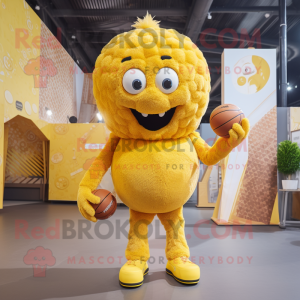 Yellow Meatballs mascot costume character dressed with a Playsuit and Earrings