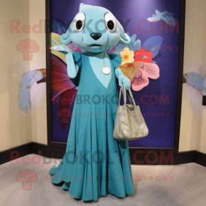 Teal Ray mascot costume character dressed with a Maxi Dress and Handbags