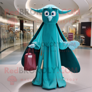 Teal Ray mascot costume character dressed with a Maxi Dress and Handbags