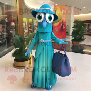 Teal Ray mascot costume character dressed with a Maxi Dress and Handbags