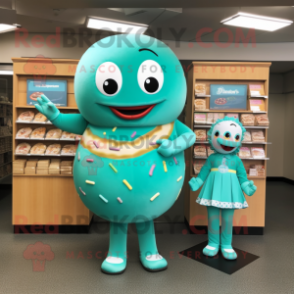 Turquoise Donut mascot costume character dressed with a Shift Dress and Shoe clips