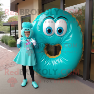 Turquoise Donut mascot costume character dressed with a Shift Dress and Shoe clips