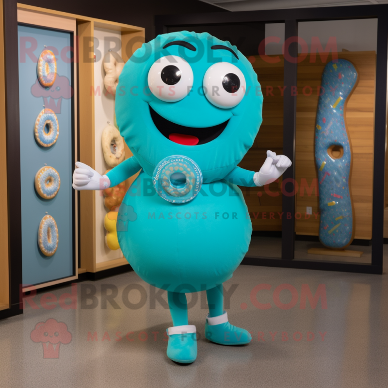 Turquoise Donut mascot costume character dressed with a Shift Dress and Shoe clips