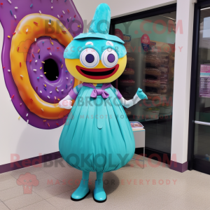 Turquoise Donut mascot costume character dressed with a Shift Dress and Shoe clips