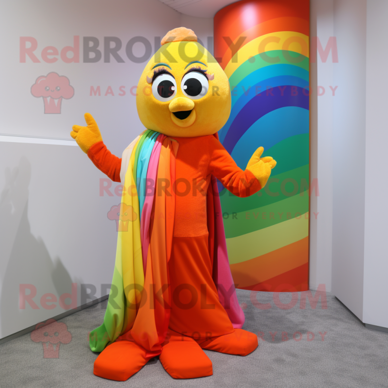 Orange Rainbow mascot costume character dressed with a Maxi Dress and Scarves Orange Rainbow mascot costume character dressed with a Maxi Dress and Scarves