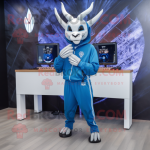 Blue Gazelle mascot costume character dressed with a Hoodie and Bracelet watches