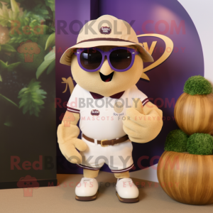 Beige Grape mascot costume character dressed with a Rugby Shirt and Sunglasses