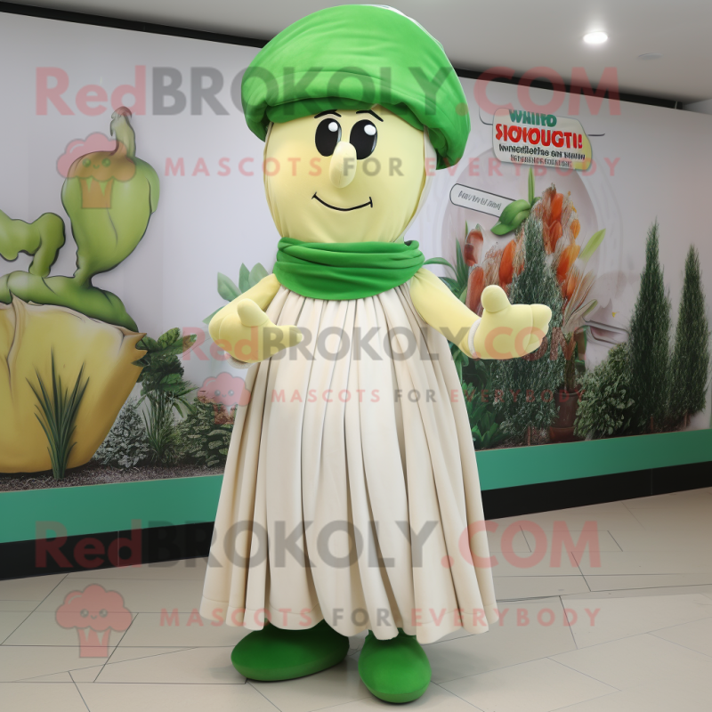 Cream Spinach mascot costume character dressed with a Maxi Dress and Beanies