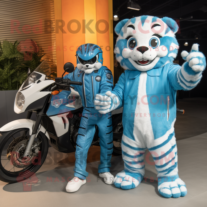 Cyan Tiger mascot costume character dressed with a Moto Jacket and Watches