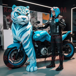 Cyan Tiger mascot costume character dressed with a Moto Jacket and Watches