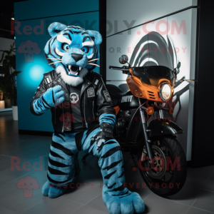 Cyan Tiger mascot costume character dressed with a Moto Jacket and Watches