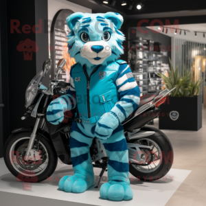 Cyan Tiger mascot costume character dressed with a Moto Jacket and Watches