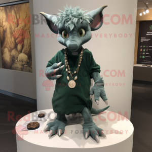 Forest Green Gargoyle mascot costume character dressed with a Henley Shirt and Necklaces
