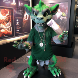 Forest Green Gargoyle mascot costume character dressed with a Henley Shirt and Necklaces