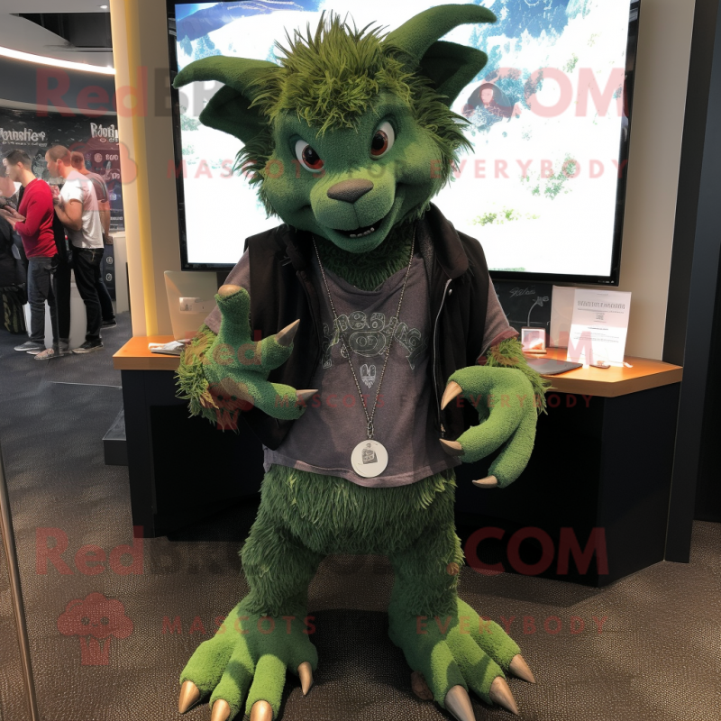 Forest Green Gargoyle mascot costume character dressed with a Henley Shirt and Necklaces