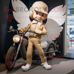Beige Cupid mascot costume character dressed with a Moto Jacket and Berets