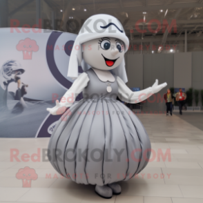 Silver Handball Ball mascot costume character dressed with a Circle Skirt and Berets