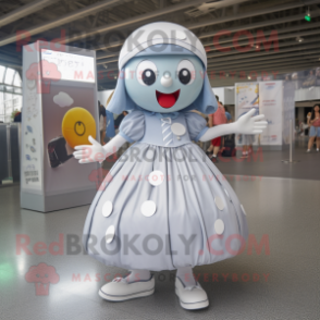 Silver Handball Ball mascot costume character dressed with a Circle Skirt and Berets