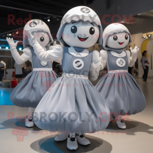 Silver Handball Ball mascot costume character dressed with a Circle Skirt and Berets