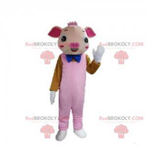 Mascotte maiale rosa con tuta, costume da maiale -