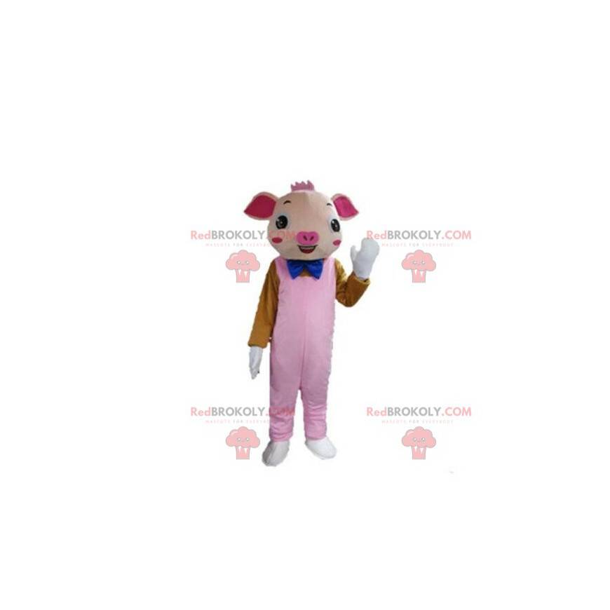 Mascotte de cochon rose avec une salopette, costume de cochon -