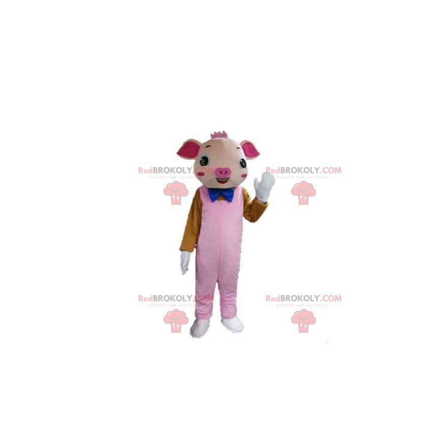 Pink pig mascot with overalls, pig costume - Redbrokoly.com