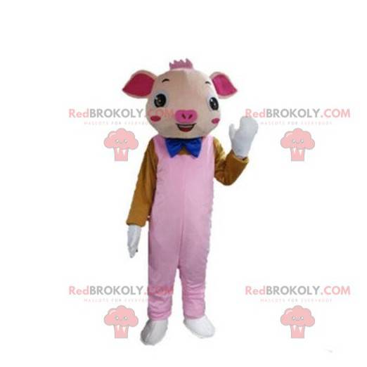 Mascote porco rosa com macacão, fantasia de porco -